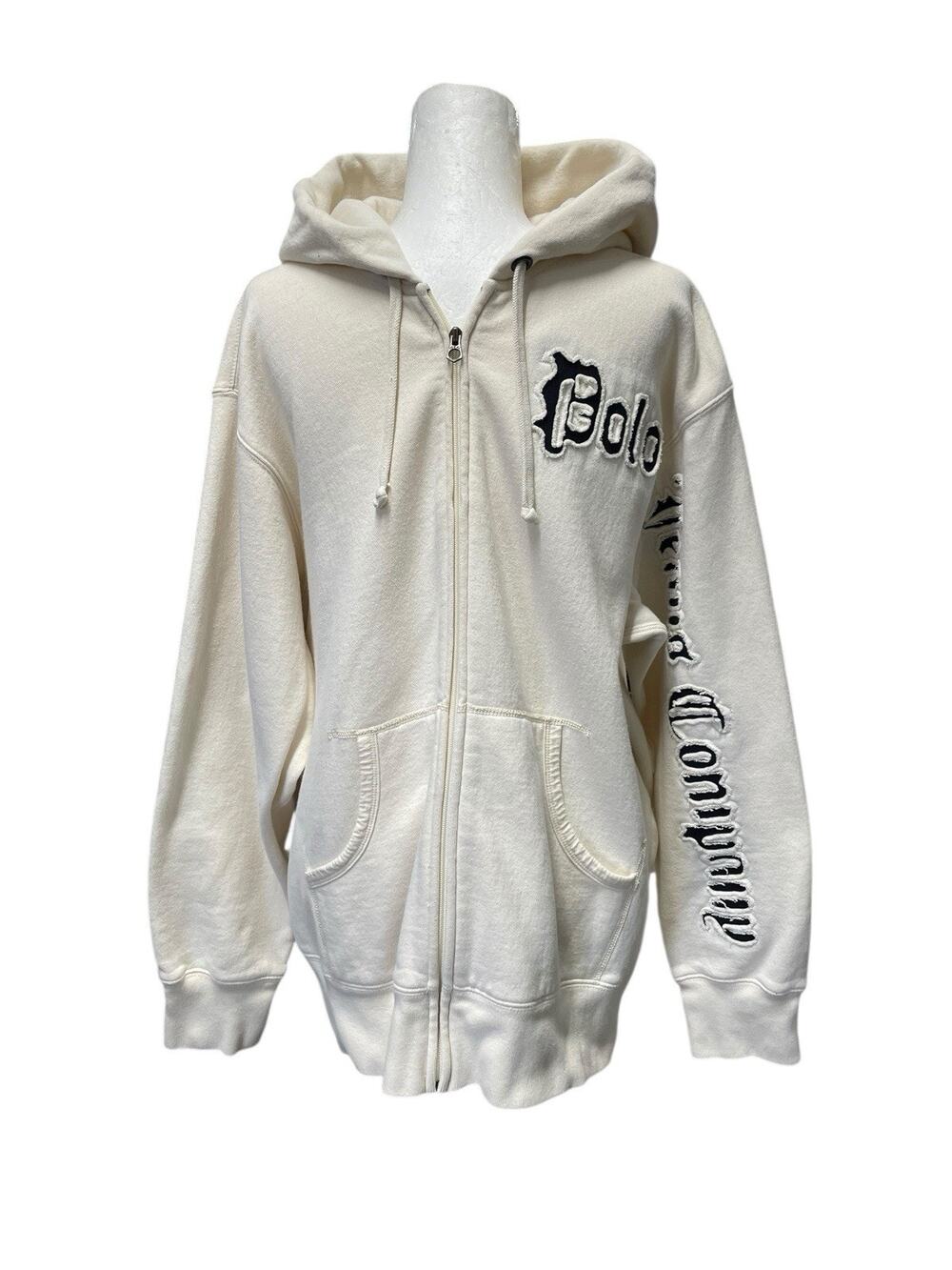 VTG Ralph Lauren Jeans Company Cream Hooded Sweatshirt Full Zip Mens XL Rare